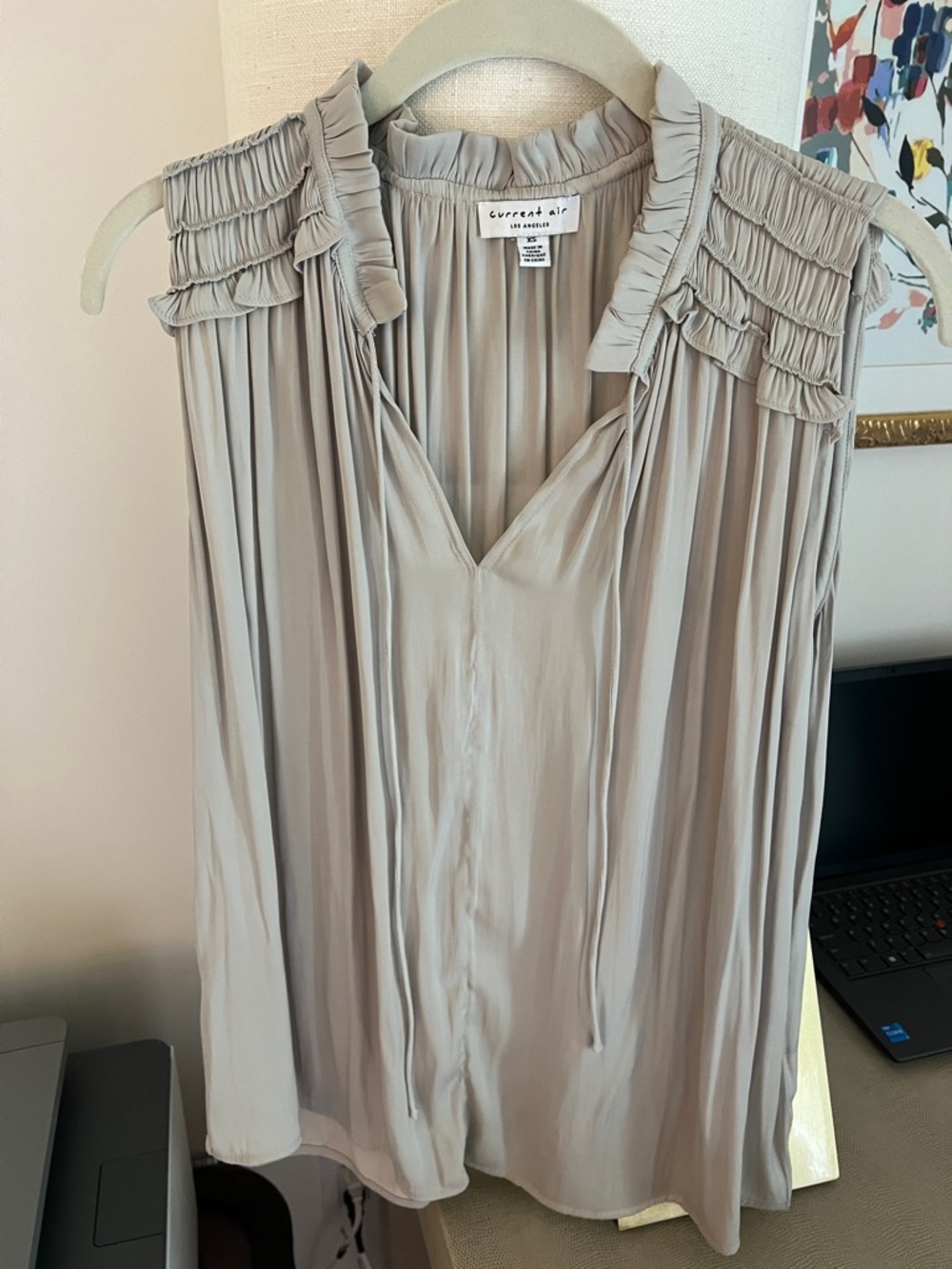 Current Air Light Taupe Pleated V-Neck Sleeveless Blouse